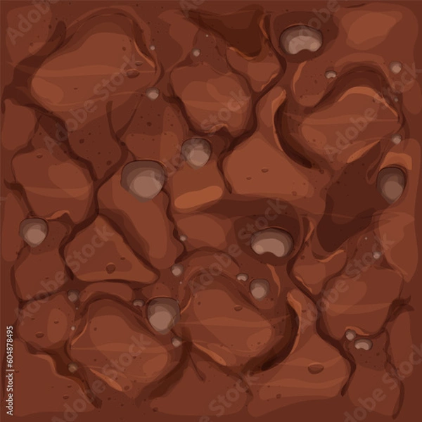 Obraz Ground texture, soil top view in cartoon style with stones and texture seamless. Game interface background, brown earth. 