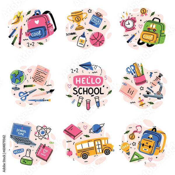 Fototapeta School Supply Composition with Backpack, Bus, Globe, Laptop and Cup Award Vector Set