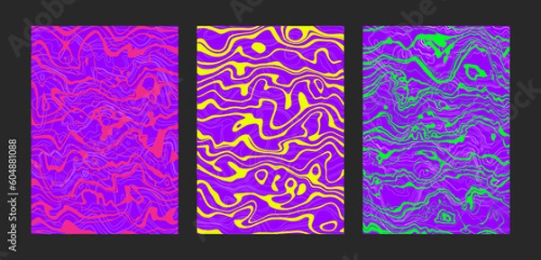 Fototapeta Psychedelic wavy posters set. Trippy groovy abstract backgrounds on bright neon colors. Fluid marble stone texture. Cool funky patterns. Modern vertical design. Vector illustration