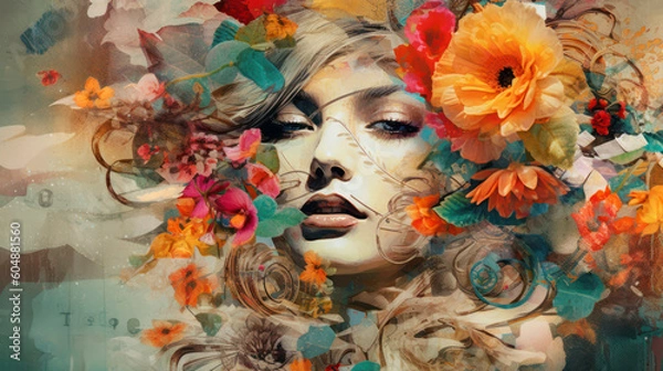 Fototapeta Abstract Collage. Dive into a digital wonderland where myriad faces and textures blend with surreal elements, weaving a mesmerizing collage of dream and reality. Generative AI