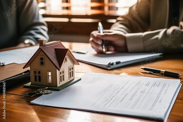 Fototapeta Protecting Investments: Real Estate Agent Discusses Home Purchase Agreement and Insurance for Secure Transactions