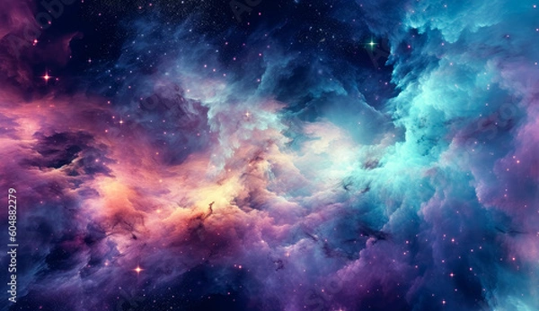 Fototapeta Nebula stardust wallpaper, blue, purple and magenta galaxy. Generative Ai Illustration.