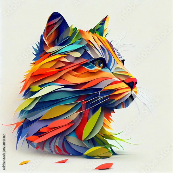 Fototapeta Generative AI illustration cat papercut colorful in white background.