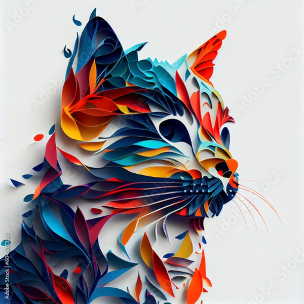 Fototapeta Generative AI illustration cat papercut colorful in white background.