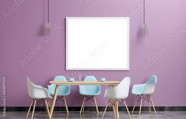Fototapeta Blank wooden picture frame mockup on wall in modern interior. Vertical artwork template mock up for artwork, painting, photo or poster in interior design with Generative AI technology