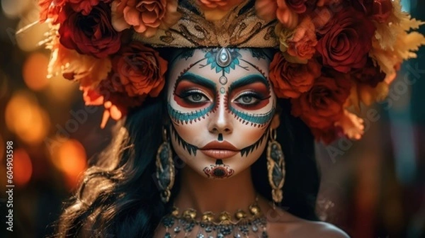 Fototapeta Portrait of a woman wearing beautiful Day of the Dead costumes and skull makeup. Generative AI