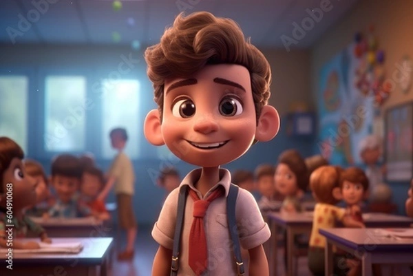 Fototapeta Illustrations of cartoonish Ethnic diverse young people inside a classroom - Kindergarten - Created with generative ai Technology