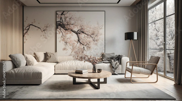 Fototapeta Stylish Living Room Interior with a Tree Frame Poster, Modern interior design, 3D render, 3D illustration