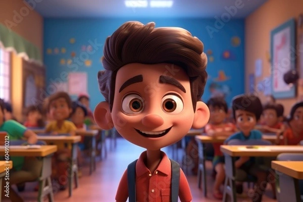 Fototapeta Illustrations of cartoonish Ethnic diverse young people inside a classroom - Kindergarten - Created with generative ai Technology