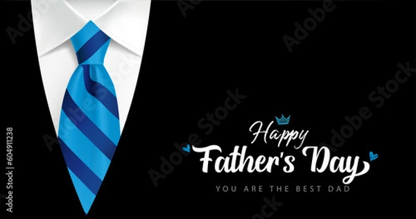 Fototapeta Happy Fathers Day, You are the best Dad handwritten with mens suit and blue striped necktie. Father's Day banner with calligraphy on black costume background. Vector illustration