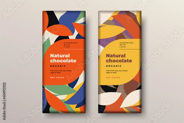 Fototapeta Organic dark and milk chocolate bar design. Creative abstract choco packaging vector mockup. Trendy luxury product branding template with label and pattern.