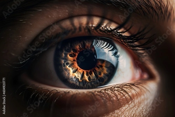 Obraz A macro image of a human eye, with the iris and pupil in sharp focus and the surrounding area blurred - Generative AI