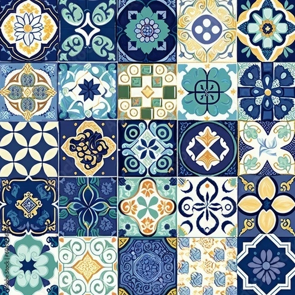 Obraz Seamless colorful patchwork Moroccan tile. motifs Majolica pottery tile. Portuguese and Spain decor wall and floor Ceramic tile Design, Generative AI