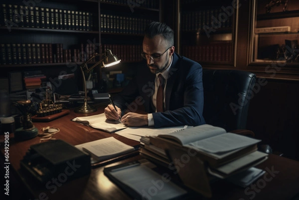 Fototapeta Portrait of a male lawyer working with documents in his office. Generative AI	