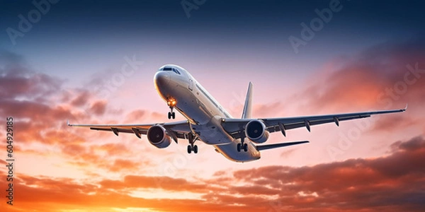 Fototapeta The plane flies against the backdrop of the sunset sky. Generative AI	