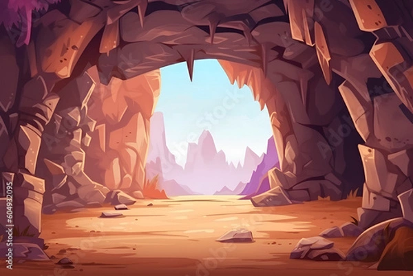Fototapeta Cartoon stone cave entrance. Dark rock tunnel. Underground abandoned rocky cave. Entrance to tunnel in mountain with scenery landscape view of rocks and blue sky. Artificial intelligence generated