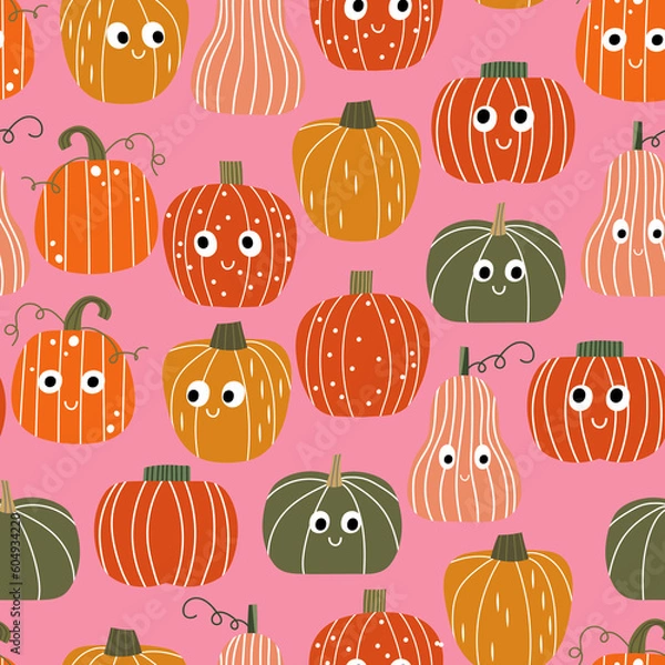 Fototapeta Autumn seamless pattern, cute kawaii cartoon characters, Nursery seamless pattern, Scandinavian thanksgiving day, Halloween background, Fall season backdrop for children, Children fabric design