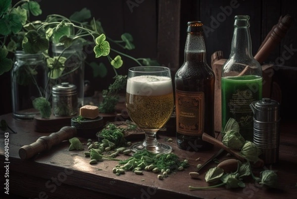 Fototapeta Celebrating St. Patricks with clover and beer.Generative AI