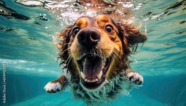 Obraz Cheerful and happy dog ​​bathes underwater. Summer entertainment and recreation. Generative AI.