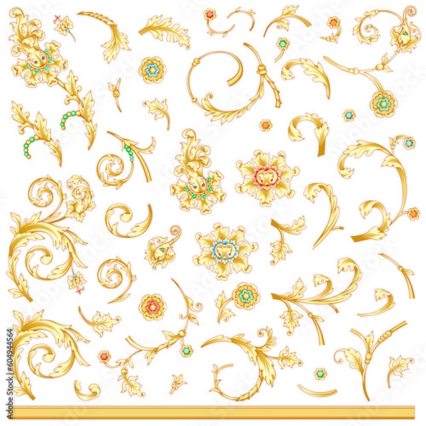 Fototapeta Gold swirl set of vintage elements, cliparts, frames.