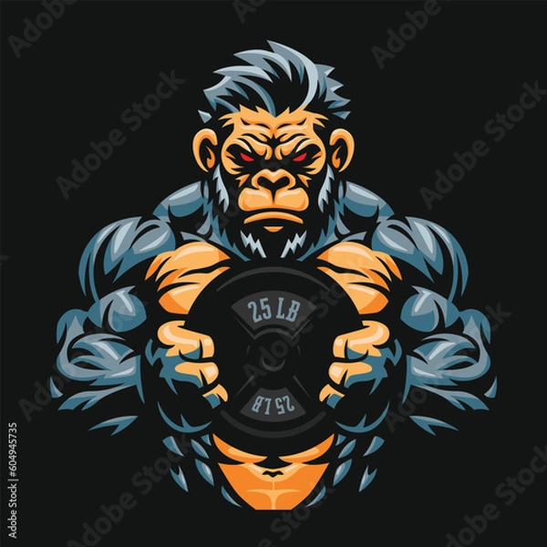 Obraz Fitness gorilla vector illustration, gym mascot character, gorilla holding weight plate
