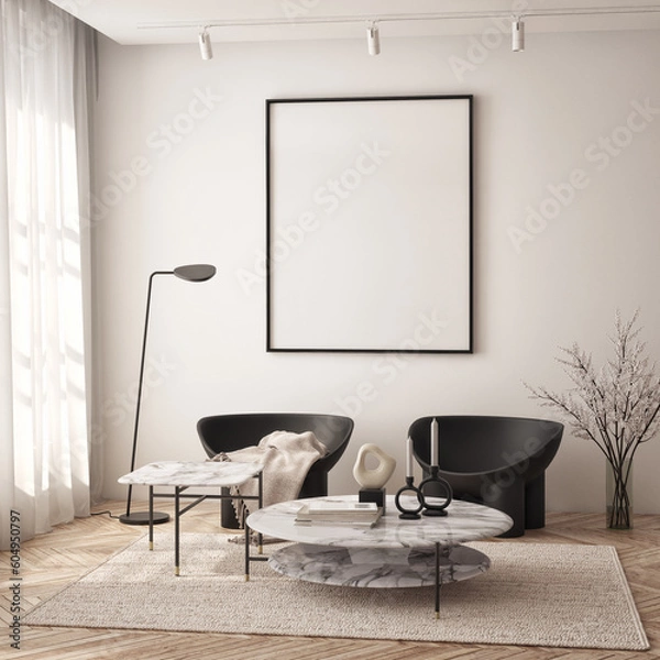 Fototapeta Mockup poster frame on the wall of living room. Luxurious apartment background with contemporary design. Modern interior design. 3D render, 3D illustration