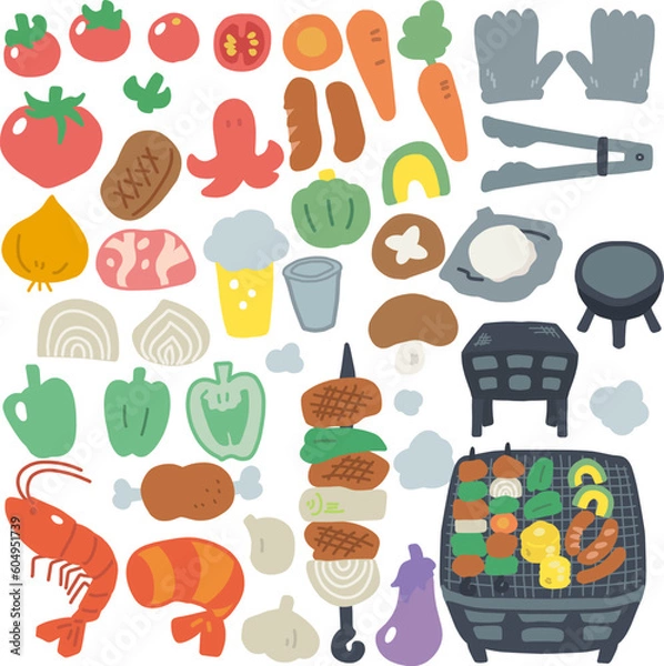 Fototapeta バーベキューをイメージした食材など小物のカラーイラストセット