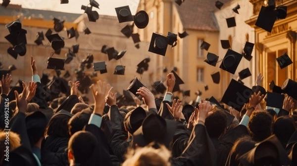 Fototapeta Jubilant group of graduates tossing their caps in the air, signifying accomplishment and celebration. Created by AI.