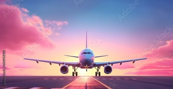 Fototapeta Aircraft on the runway at sunrise. Airplane at the airport. Big passenger plane on the runway road and pink morning sky. Front view. Generative AI