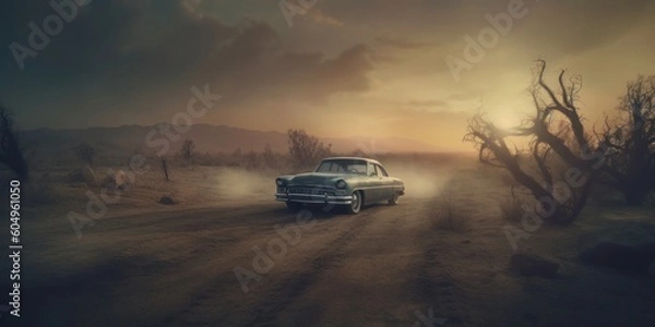 Fototapeta An antique car defies its age, gracefully drifting through a muddy terrain. The wheels spin, flinging earthy particles in a captivating dance of power and resilience. Generative Ai