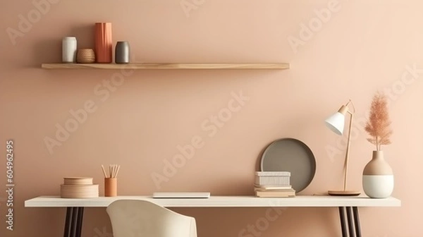 Fototapeta Desk at home office with supplies and wall copy space. Minimalistic workspace