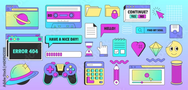 Obraz Vintage user interface elements in vaporwave. Old ui design of dialogue window, system computer message, video player, screens, loading bar, file folders. Smile, planet and icons in trendy retro style