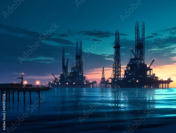 Fototapeta oil rigs in the middle of the beach at dusk