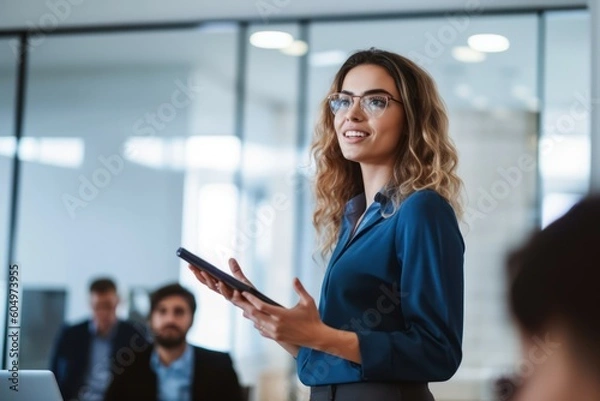 Fototapeta Confident businesswoman delivering a corporate presentation at a seminar or conference. The image showcases her expertise and leadership skills in a professional setting, generative ai