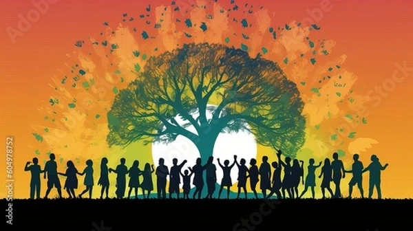 Obraz A vibrant community focused on regenerative practices. People of all ages are engaged in growing community awareness around sustainable living. Positive collective engagement concept. Generative AI.