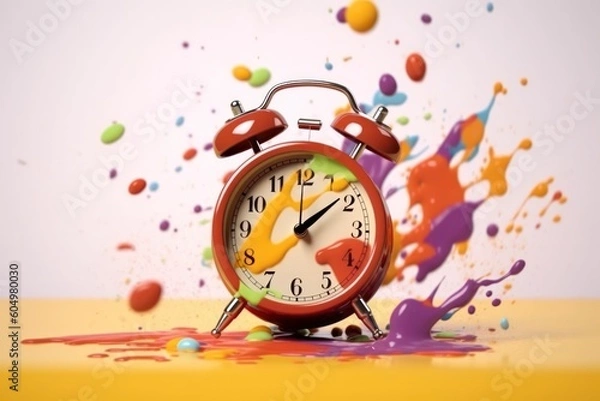 Obraz  time concept, alarm clock exploding with colorful paint splashes, vibrant yellow and blue colors
