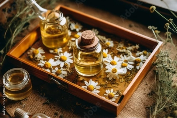 Fototapeta An overhead view of a wooden tray with chamomile flowers, essential oil, and dried petals, representing aromatherapy, natural skincare, and wellness concepts. Generative Ai