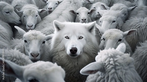 Obraz A wolf masquerading as a sheep. Wolf in sheep's clothing concept. Playing a role contrary to their real character with whom contact is dangerous. Generative AI.
