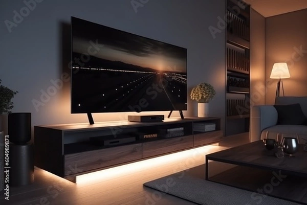 Fototapeta Shot of a TV with Soccer Match. Cozy Evening Living Room with a Chair and Lamps Turned On at Home