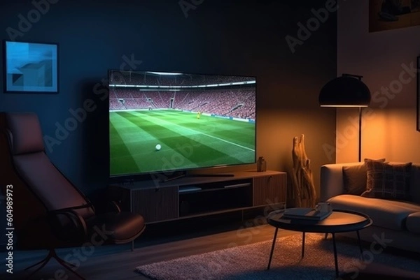 Fototapeta Shot of a TV with Soccer Match. Cozy Evening Living Room with a Chair and Lamps Turned On at Home