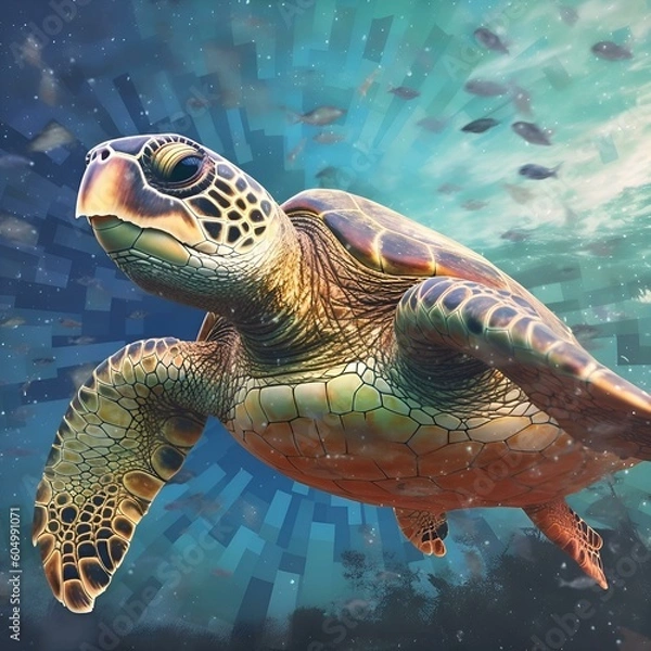Obraz "Oceanic Serenity: Hawaiian Green Sea Turtle's Endangered Dance in Pacific's Blissful Waters"AI