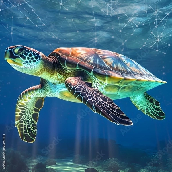 Obraz "Oceanic Serenity: Hawaiian Green Sea Turtle's Endangered Dance in Pacific's Blissful Waters"AI