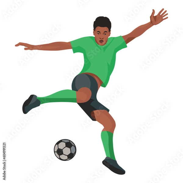 Obraz Black football player jumps up, preparing to kick the ball with his foot