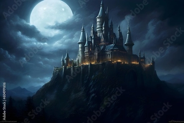 Obraz "Mystical Moonrise: The Castle's Nocturnal Glow"aI