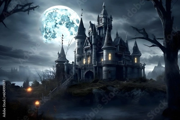Obraz "Mystical Moonrise: The Castle's Nocturnal Glow"aI