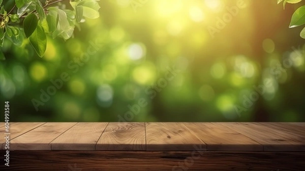 Fototapeta Wooden planks on green grass with a blurred background with space to place products Generative AI