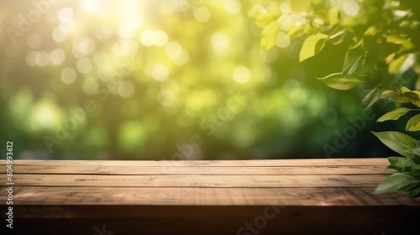 Fototapeta Wooden planks on green grass with a blurred background with space to place products Generative AI