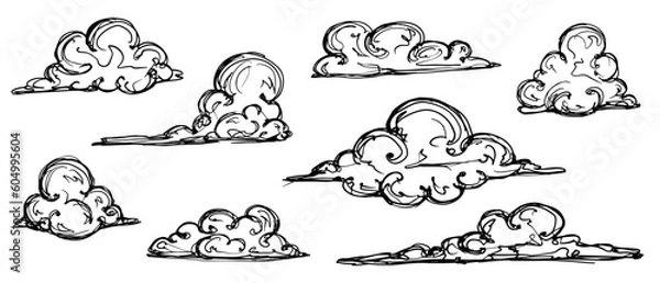 Fototapeta A set of sketches, doodles of various clouds.Vector graphics.