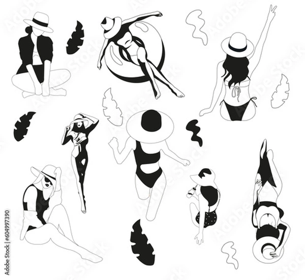 Fototapeta A set of beautiful girls resting on beach, enjoying vacation in black and white colors with hat, swmming ring, leaves, shirt in one line art on white background