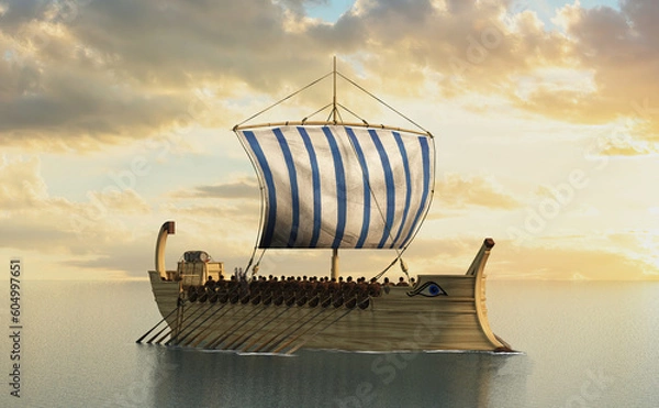 Fototapeta Triremes, biremes, and penteconters  were types of sailing ships used by ancient civilizations in the Mediterranean, such as Greeks, Romans, and Phoenicians. They were used for war and trade.